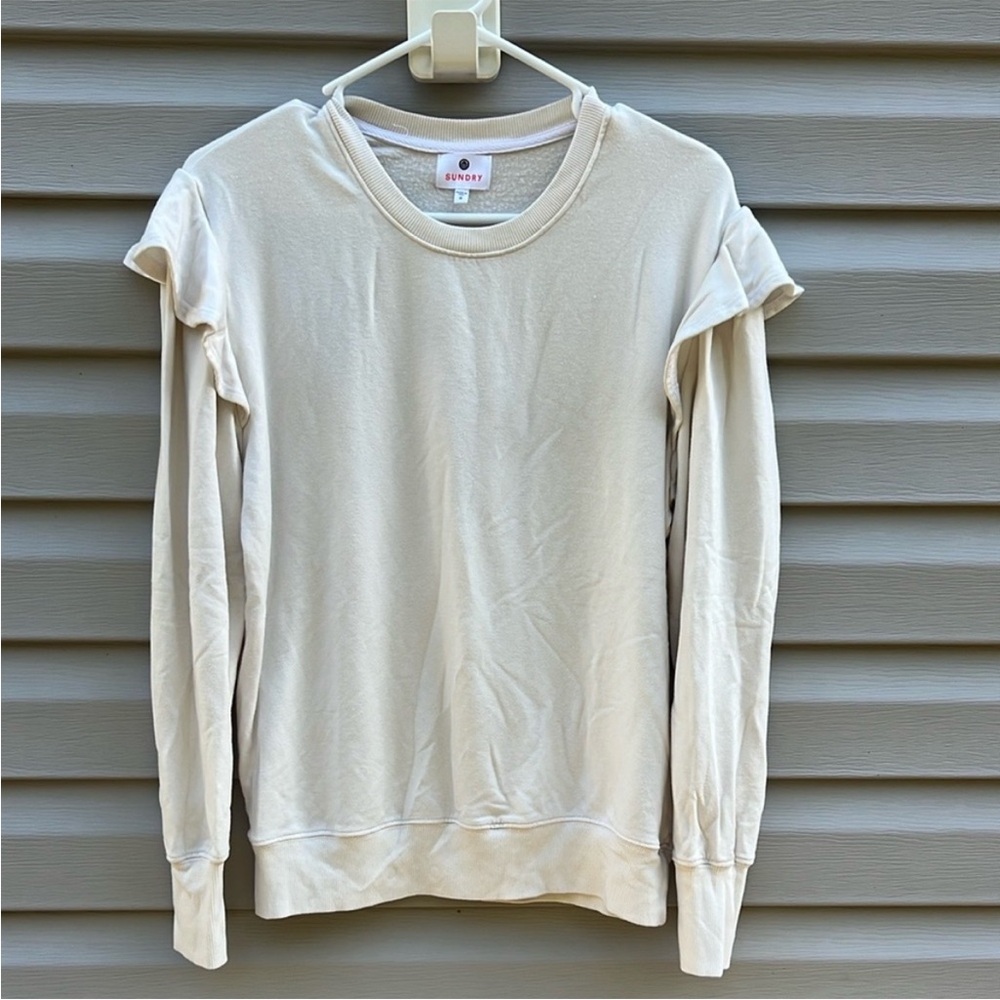 Sundry Cream Ivory Ruffle Shoulder Sweatshirt Women Size 0 XS‎ Long Sleeve Crew